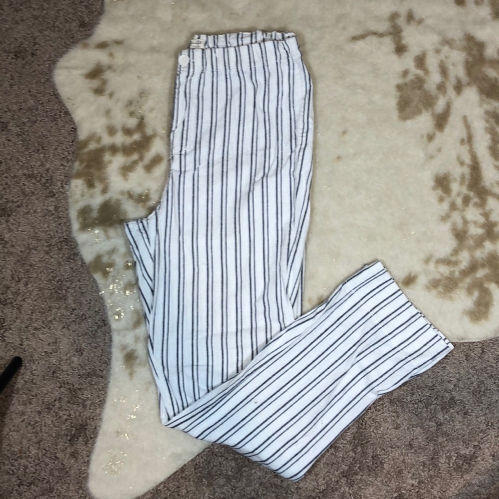 Grey and white pinstripe linen pants